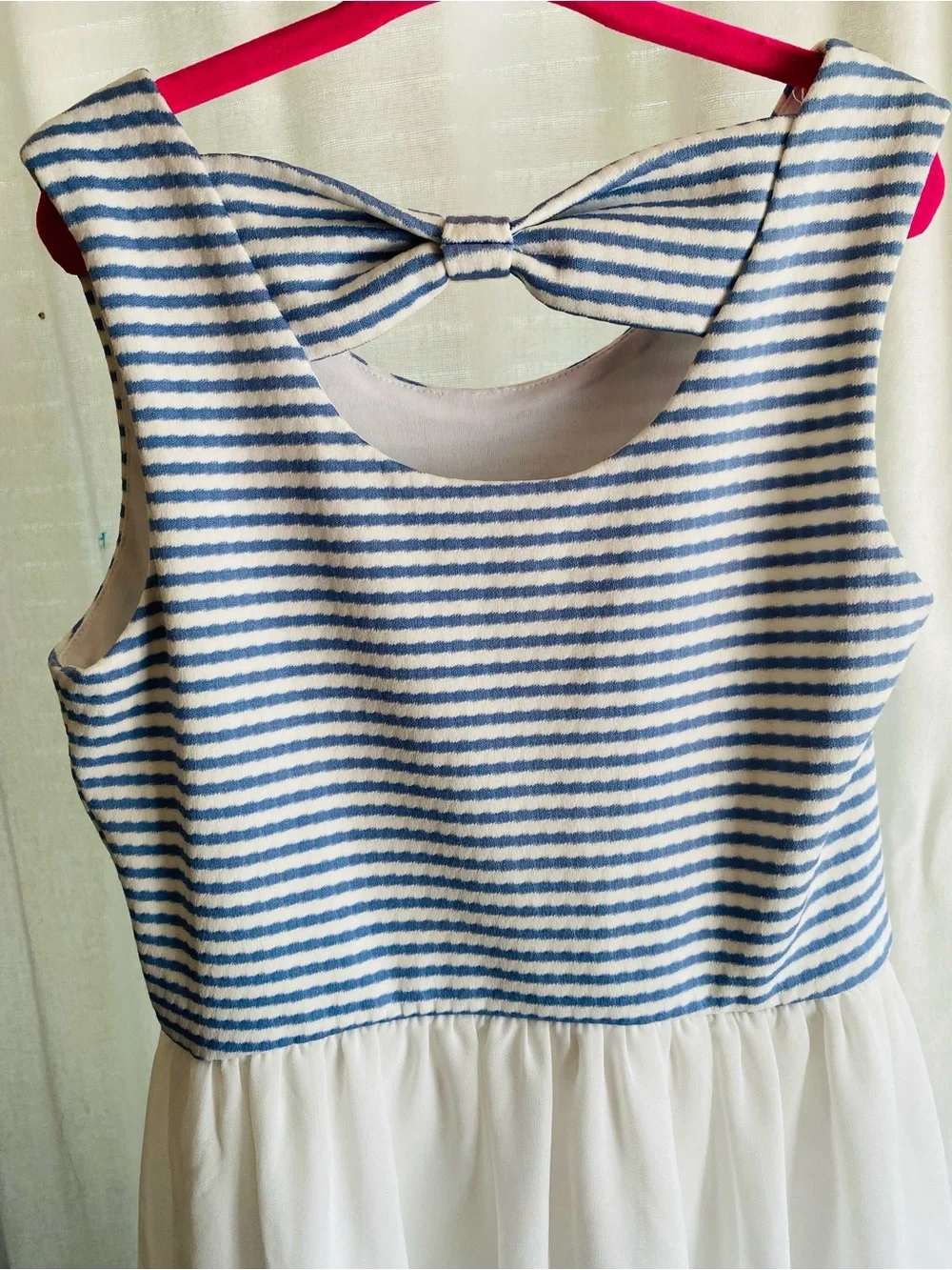 Iz Byer Blue & White Striped Bodice with White High-Low Skirt Dress